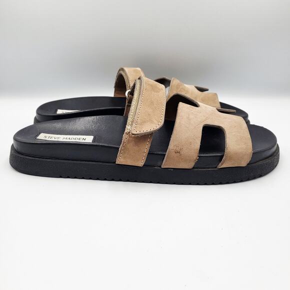 Steve Madden Mayven Tan Nubuck Leather Adjustable Strap Slide Sandals Size 9.5 - Picture 3 of 10